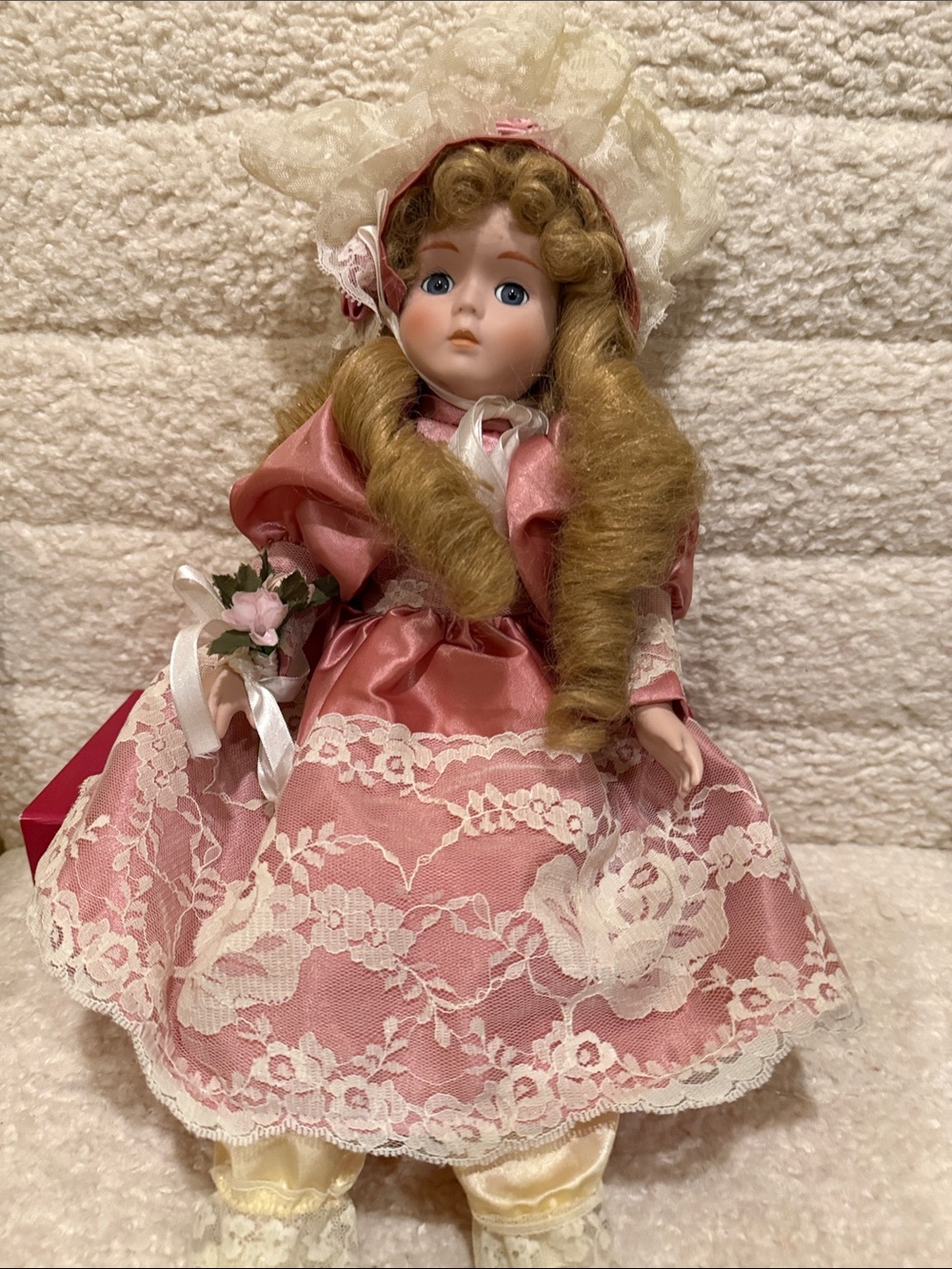 Vintage Handcrafted Porcelain Doll  Victorian Pink Lace Dress Bonnet -Unbranded